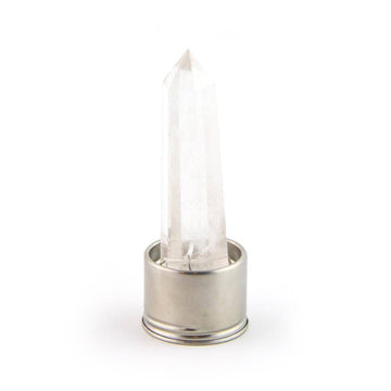 Clear quartz crystal attachment for Cancer Laterra Gemstone Water Bottle, front view on white background.